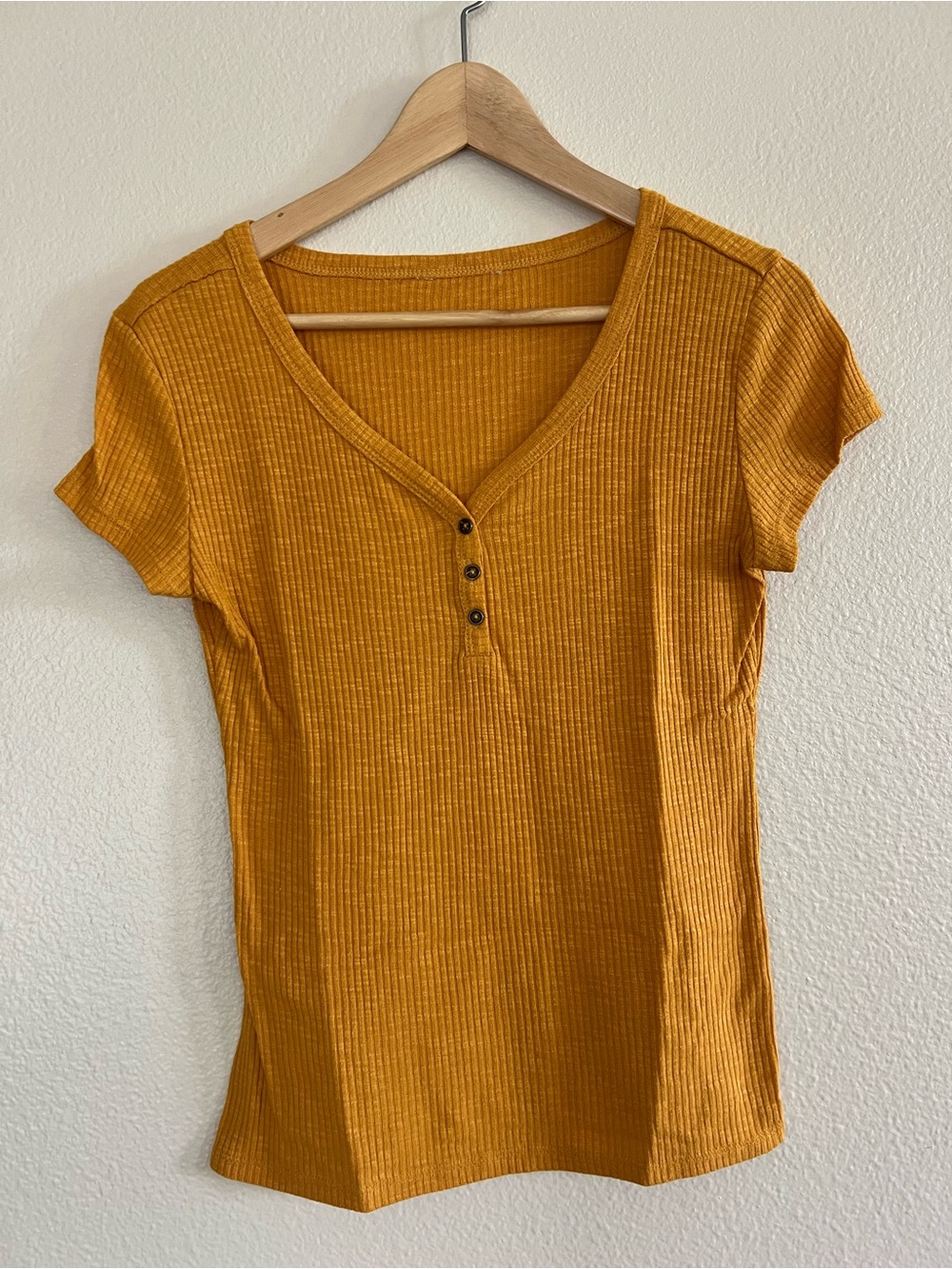 Mustard Ribbed Henley Short Sleeve Top